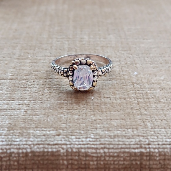 Rhinestone Pebbled Gold and Silver Textured Silver Ring - Picture 1 of 10